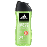 Adidas Active Start Shower Gel, 250ml, features green gel, a black cap, white label text, and an invigorating scent for a revitalizing shower.